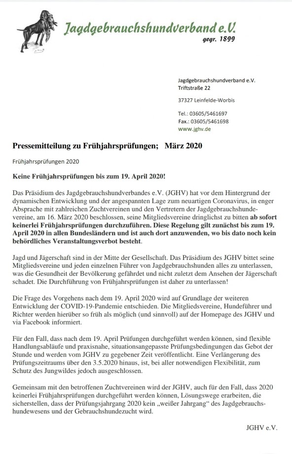 Pressemitteilung des JGHV zu Frühjahrsprüfungen 2020